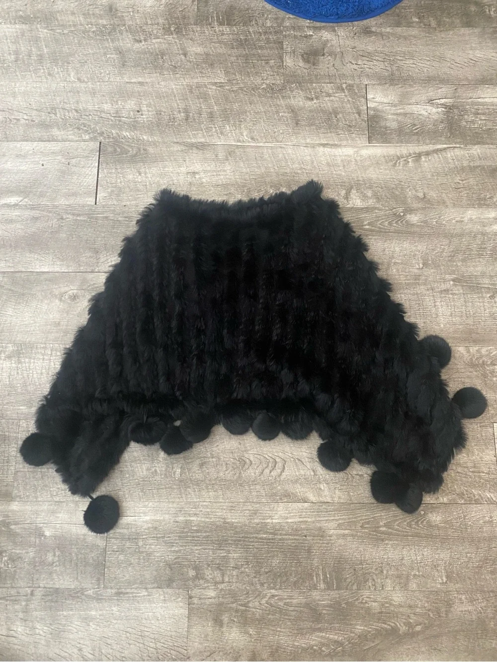 Black Rabbit Fur Pom-Pom Capelet Poncho